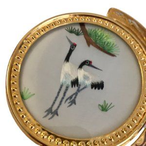 Asian Cranes Silk Embroidery Under Glass Vintage 1950s Revolves Cloisonné Stand